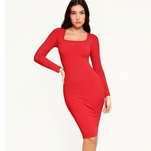 Popilush New Shapewear Long Sleeve Midi Dress Red Large Square Neckline
